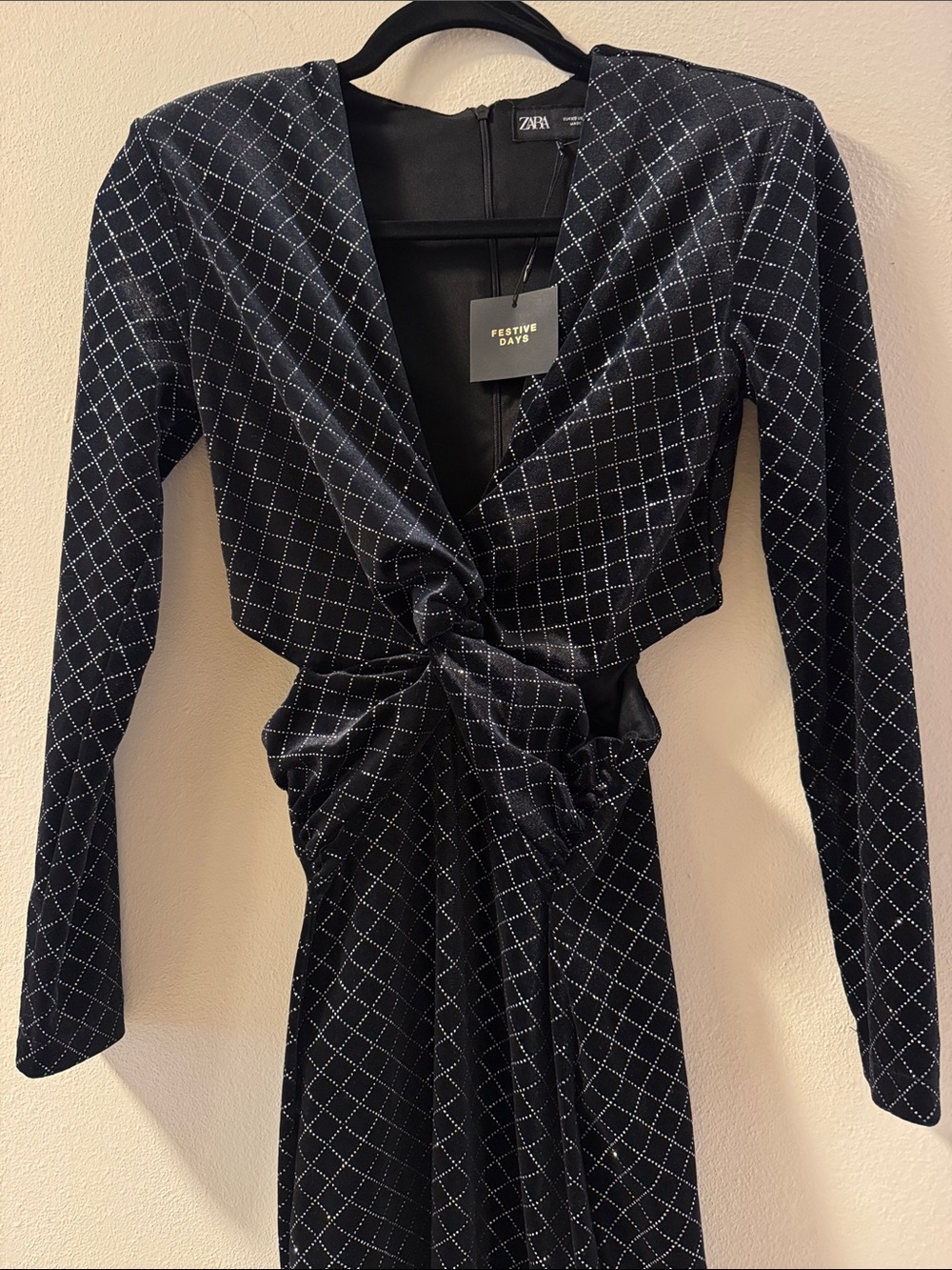 Zara Black Glitter-Grid Knot-Front Long Sleeve Dress